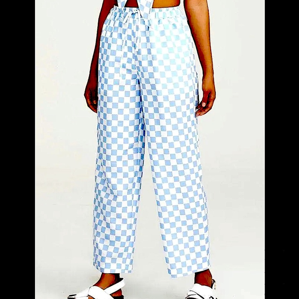 Cider brand blue checkered semi flowy pants